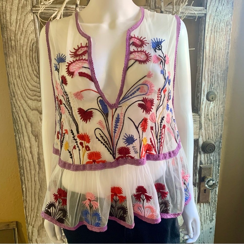 NWT Anthropologie Embroidered Floral Mesh Vest
